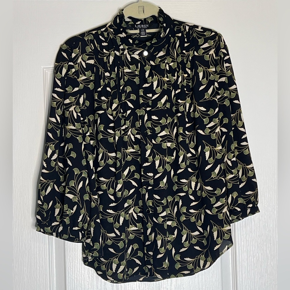 Ralph Lauren Gorgette Blouson-Sleeve Ginko Leaf Print Blouse - Picture 6 of 12